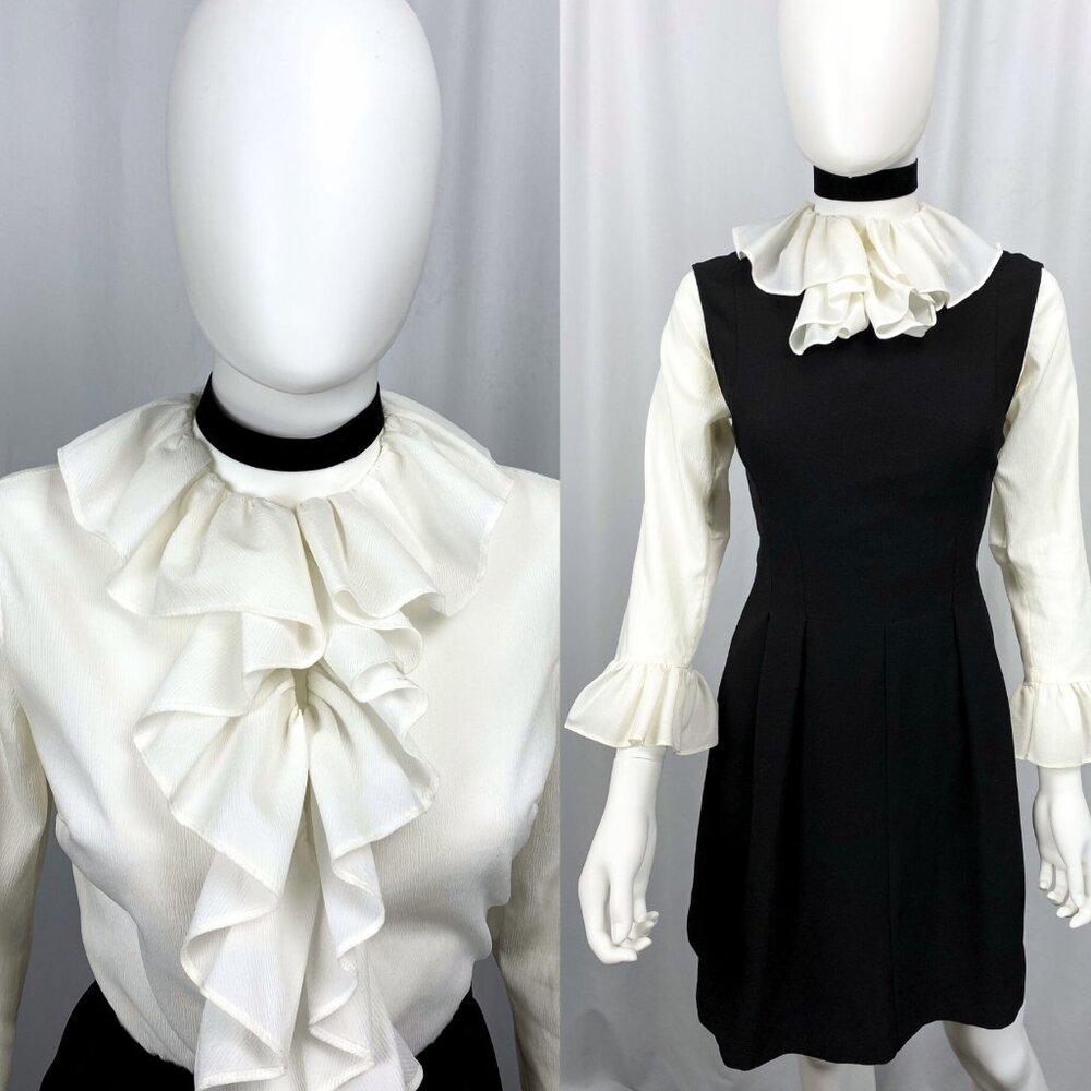 Vintage 60s ruffle dandy mod ivory button-up blouse small medium
